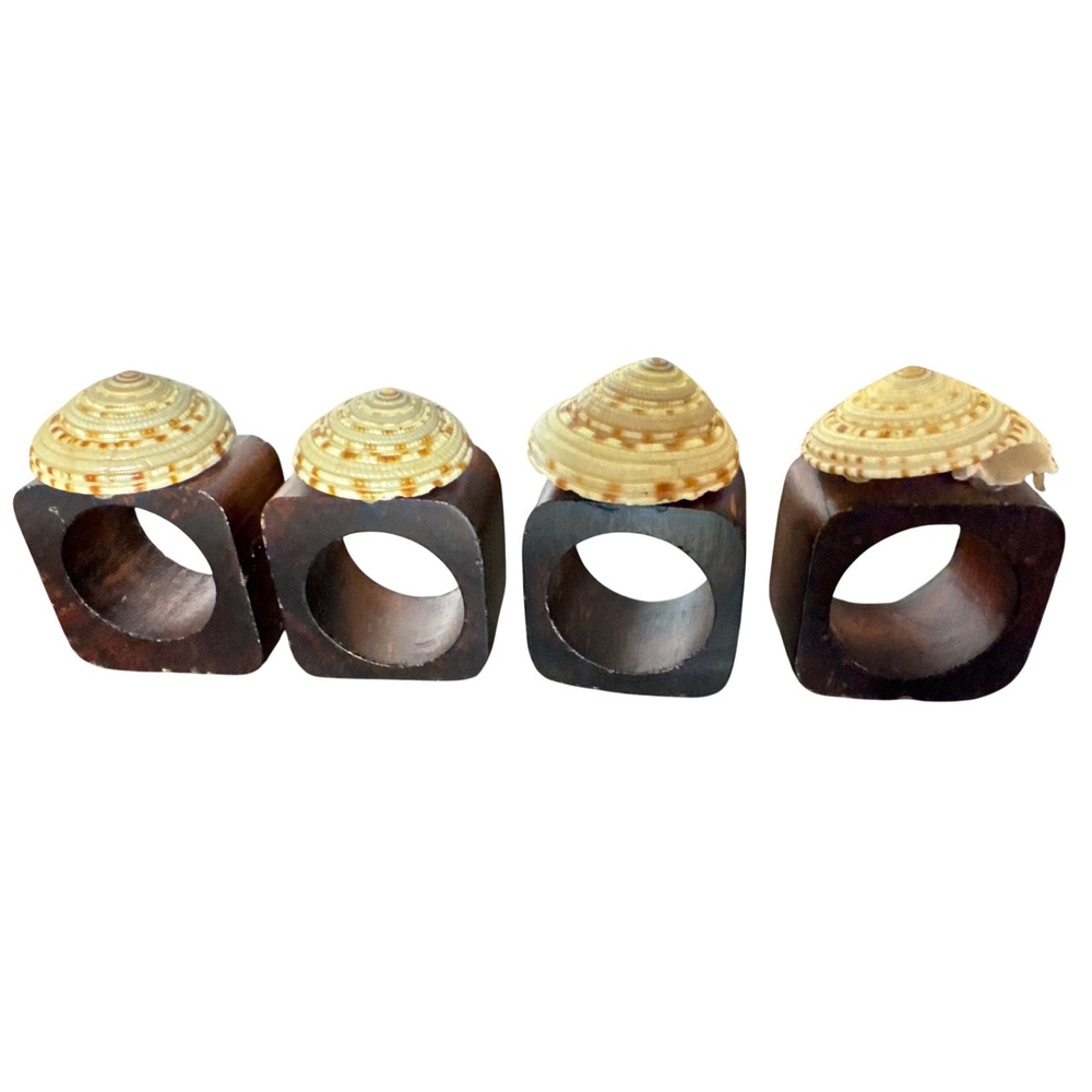 Vintage Coastal Wood and Seashell Napkin Rings Set of 4 Dark Brown Square Base